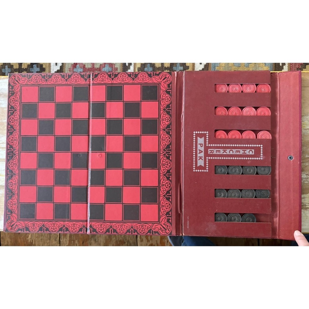 Vintage folding portable travel checkers game Checker Pak 1950's 1960's wood